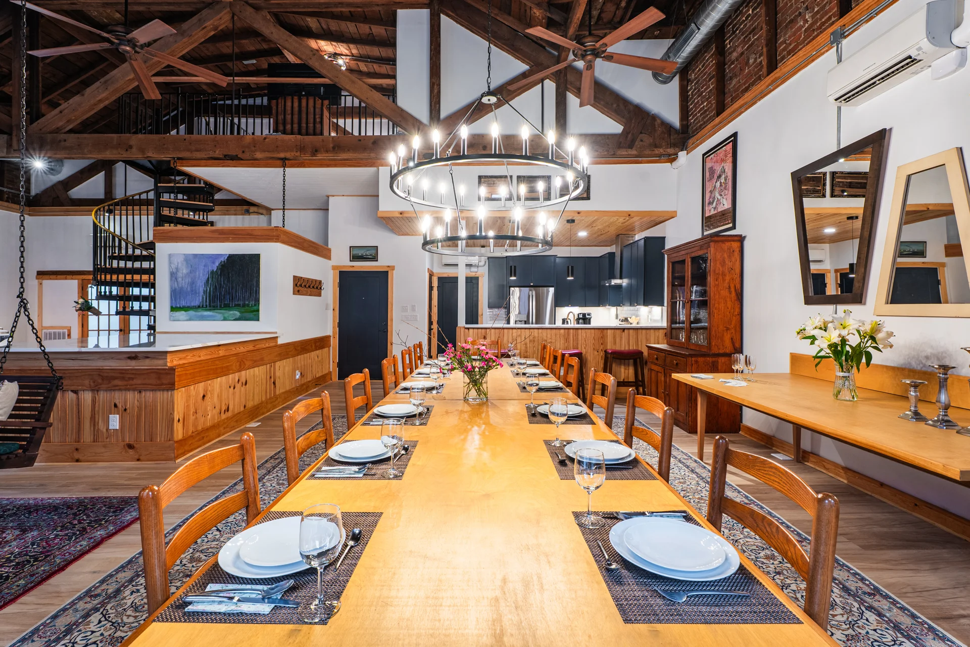 Grand dining table beneath wooden rafters